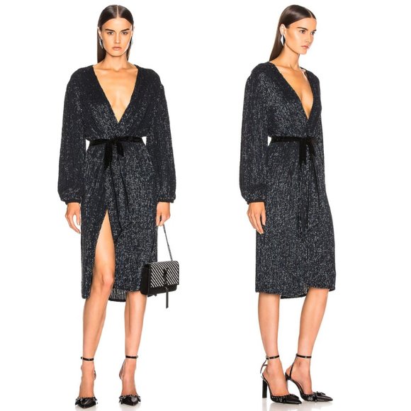 Retrofete Audrey Robe Dress Shiny Black Blue Sequins Wrap Style Midi Dress - Picture 1 of 16
